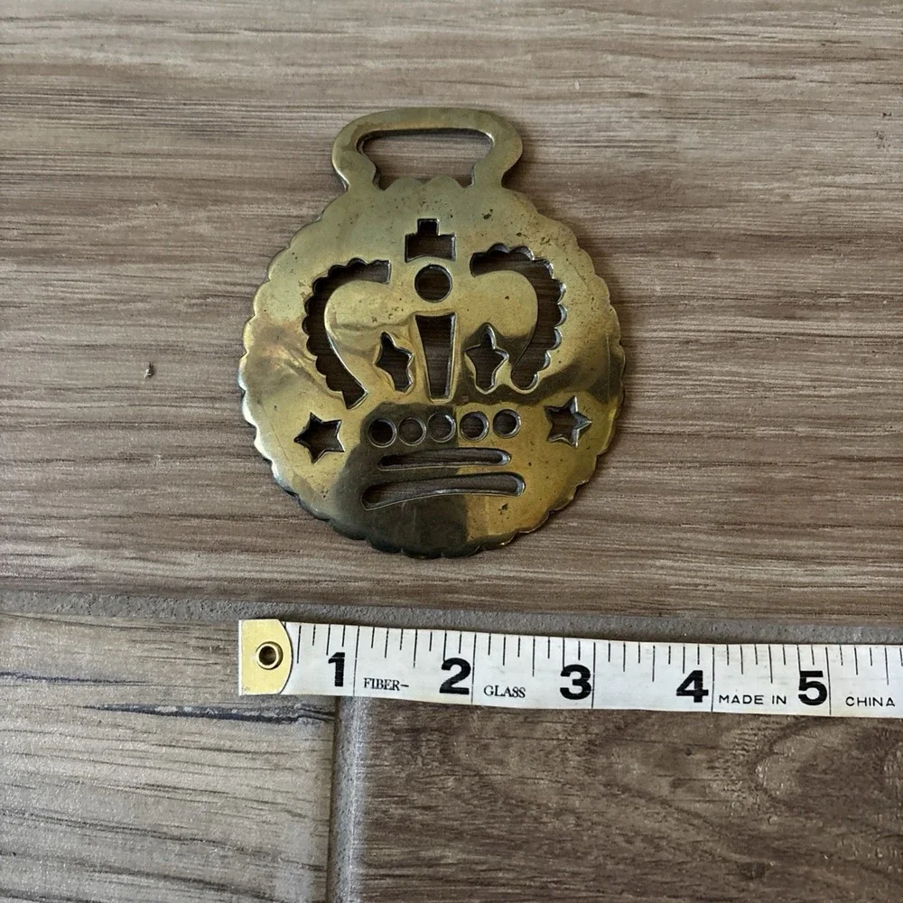 Brass Horse Medallion Antique English Victorian Crown Star Pierced Show Parade